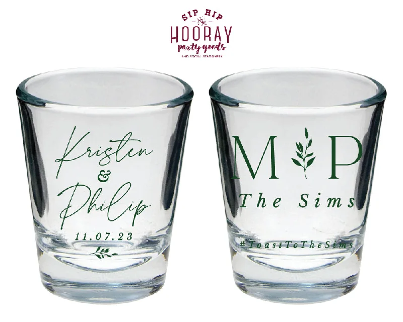 Modern Wedding Monogram with Leaves Shot Glasses, #3010