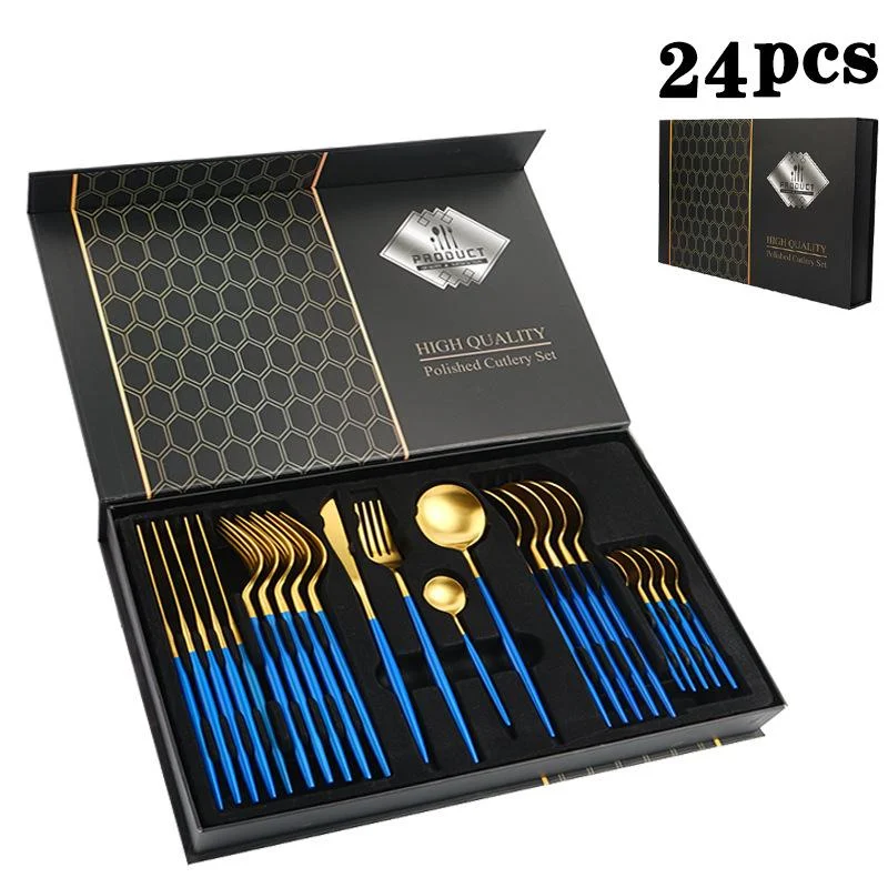 Blue/Golden(4406)-24 Pcs Premium Steel Cutlery Set