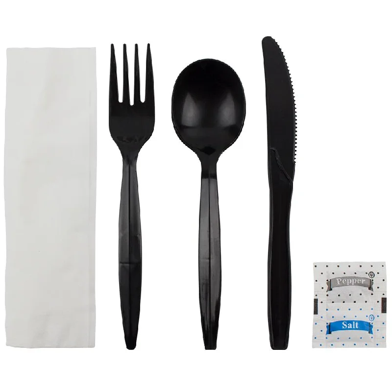 Karat PP Medium-Heavy Weight Cutlery Kits with Salt and Pepper - Black - 250 ct