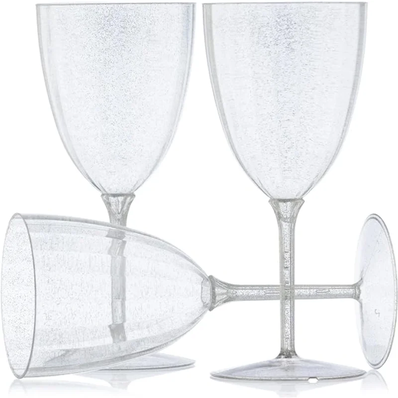 Silver Glitter Disposable Plastic Wine Glasses Goblet 7 oz