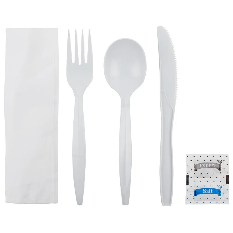 Karat PP Medium-Heavy Weight Cutlery Kits with Salt and Pepper - White - 250 ct