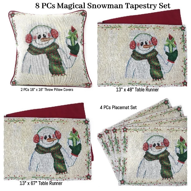 DaDa Bedding Set of 8 Pieces Magical Snowman Holiday Table Tapestry - 4 Placemats, 2 Table Runners, 2 Throw Pillow Covers (9733)