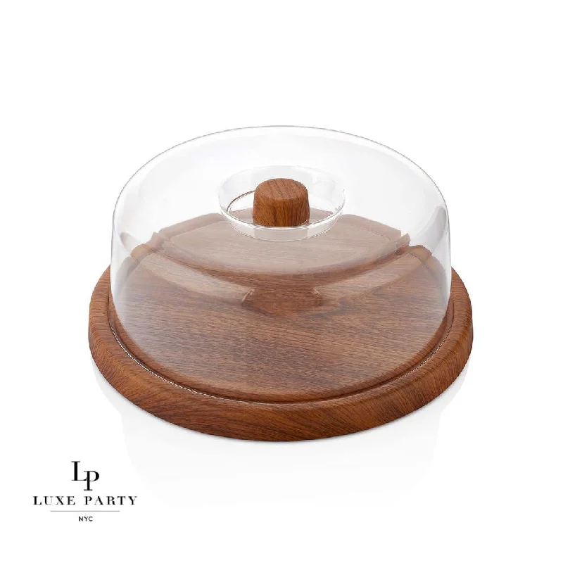 Round 12"  Mahogany Heavy Plastic Serving Tray with Plastic Cover | 12" x4"