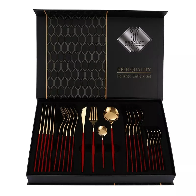 Red/Golden(4406)-24 PCs Premium Steel Cutlery Set