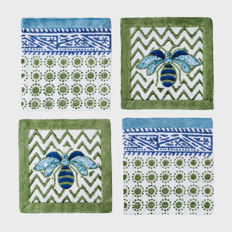 Bee block print cocktail napkins/ coasters, green