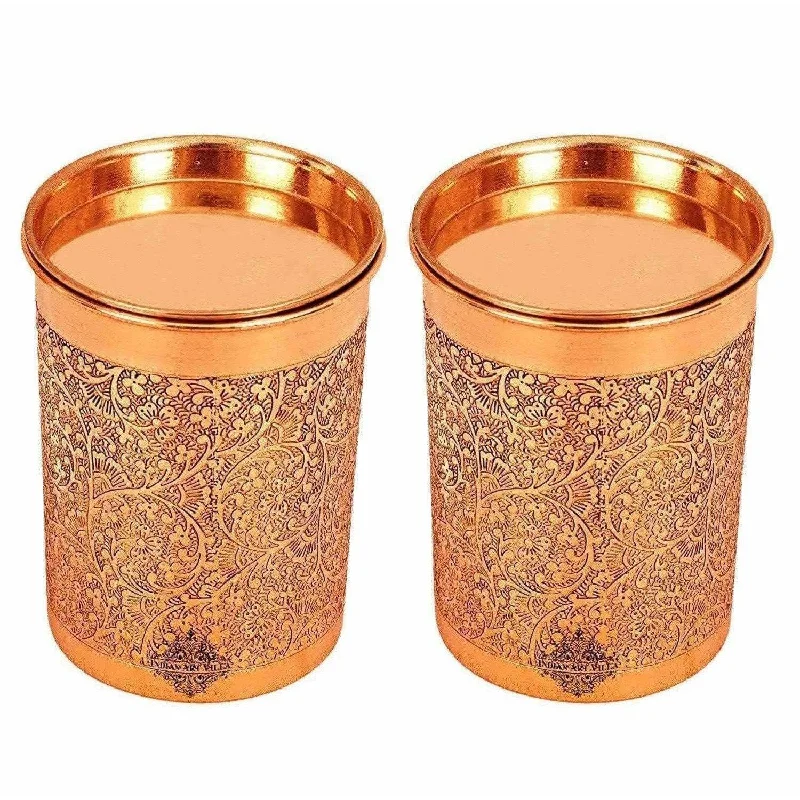 Copper Glass Tumbler with Lid  Embossed Design