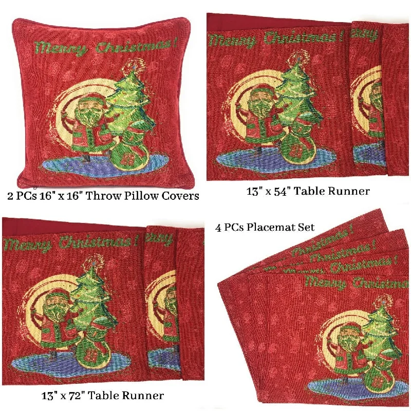 DaDa Bedding Set of 8 Pieces Red Santa Claus Holiday Table Tapestry - 4 Placemats, 2 Table Runners, 2 Throw Pillow Covers (17615)