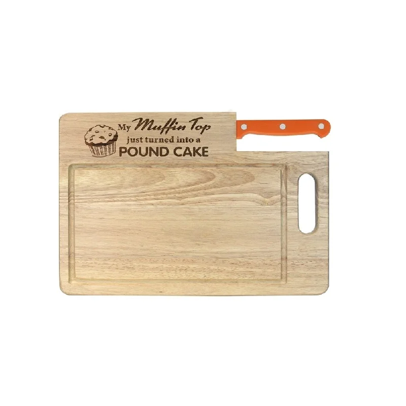 Ginsu Custom Gift Collection "Muffin Top/Pound Cake" Engraved Cutting Board with Orange Santoku Knife