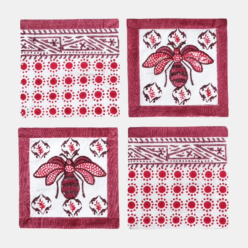 Bee block print cocktail napkins/ coasters, red