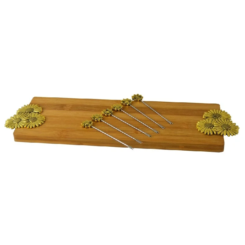 Cheese Board Set 6 Picks & Cutting Board, Gold Flower Daisy Handles