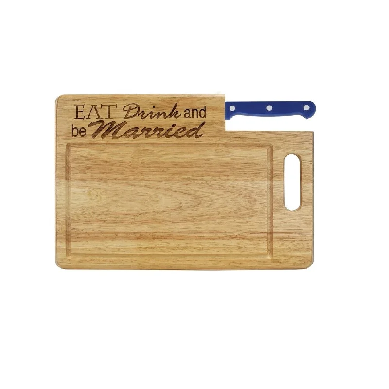 Ginsu Custom Gift Collection "Eat Drink and Be Married" Engraved Cutting Board with Blue Santoku Knife