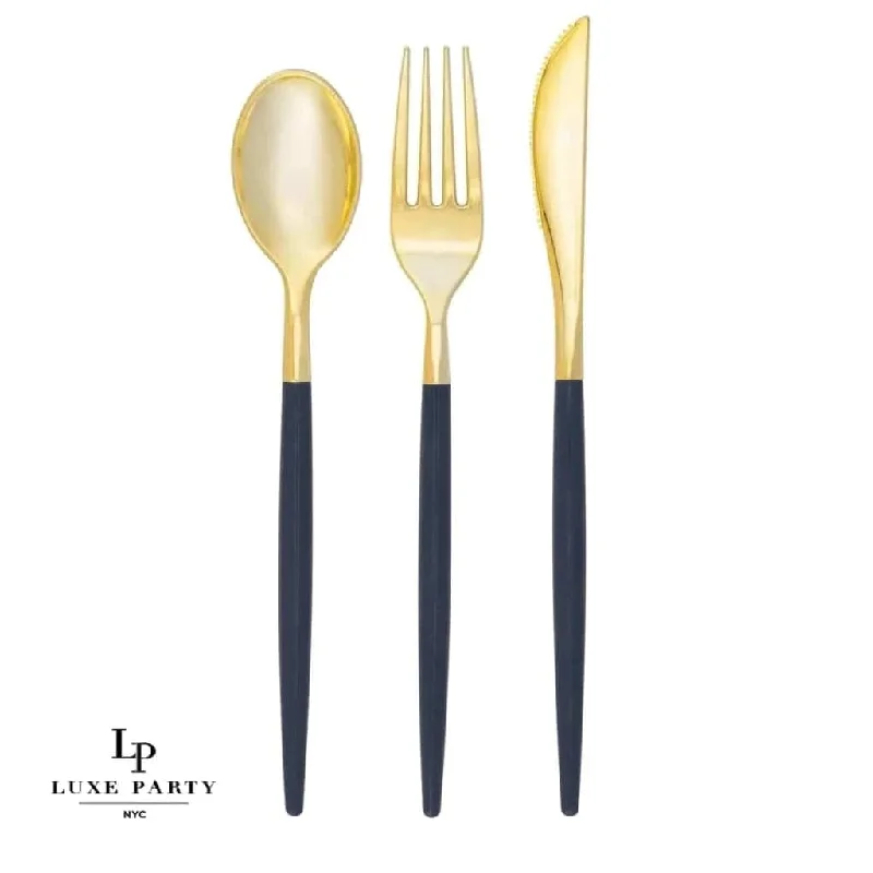 Navy • Gold Plastic Cutlery Set | 32 Pieces