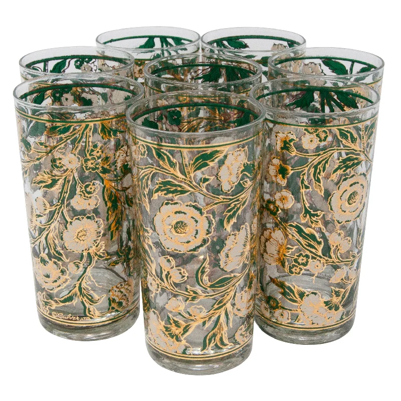 Culver Teal White and Gold Flower Collins Glasses