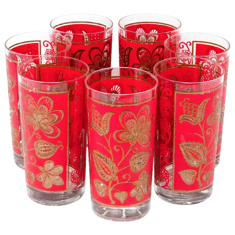 Libbey Red Flowers Collins Glasses