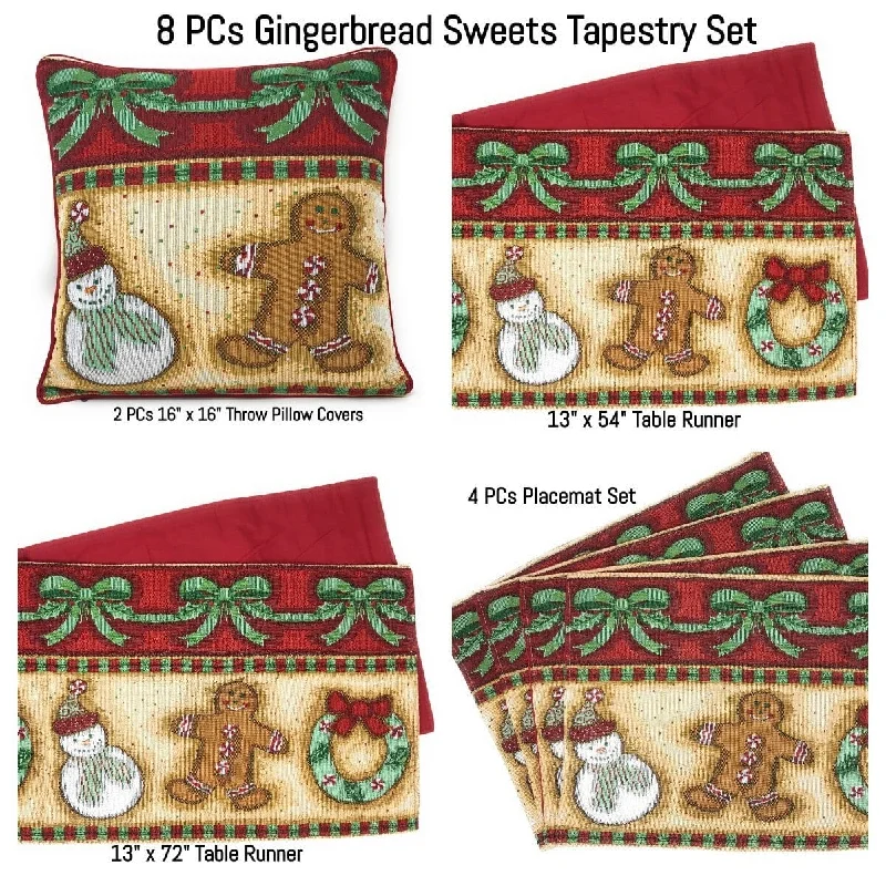 DaDa Bedding Set of 8 Pieces Gingerbread Sweets Holiday Table Tapestry - 4 Placemats, 2 Table Runners, 2 Throw Pillow Covers (12917)