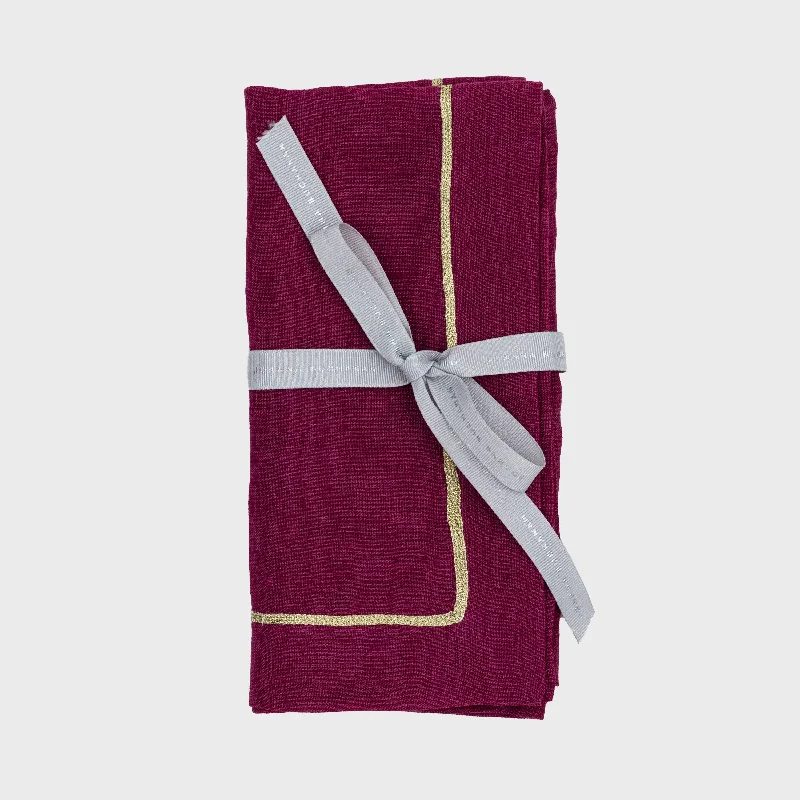 Gold trim dinner napkins, damson, set of two