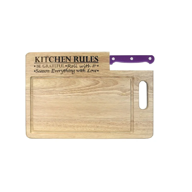 Ginsu Custom Gift Collection "Kitchen Rules" Engraved Cutting Board with Purple Santoku Knife