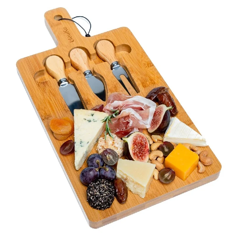 BlauKe® Bamboo Cheese Board and Knife Set - Charcuterie Board with Magnetic Cutlery Storage - Wood Serving Tray with Handle