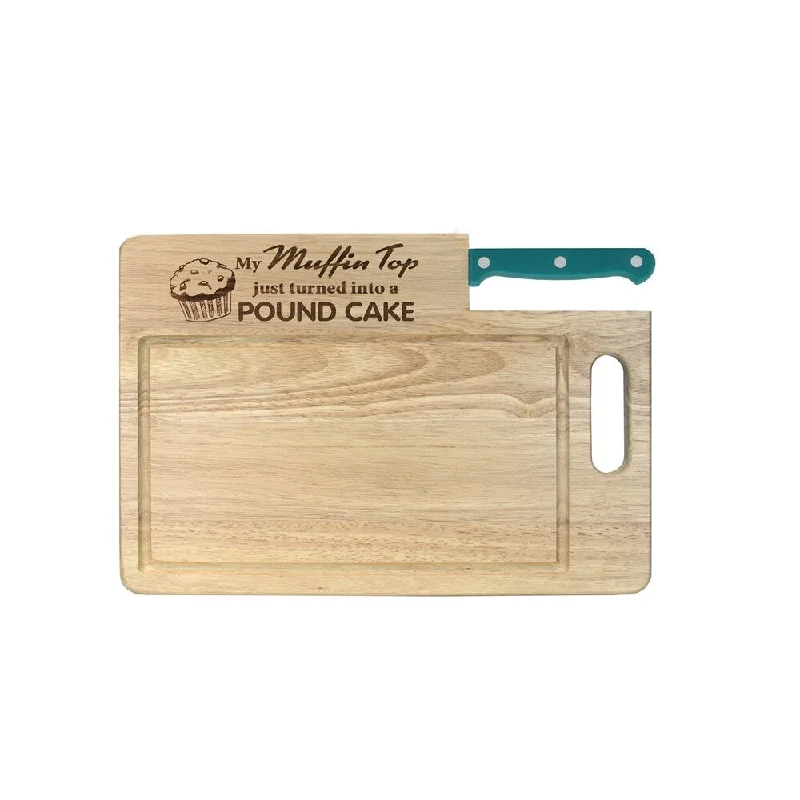 Ginsu Custom Gift Collection "Muffin Top/Pound Cake" Engraved Cutting Board with Teal Santoku Knife