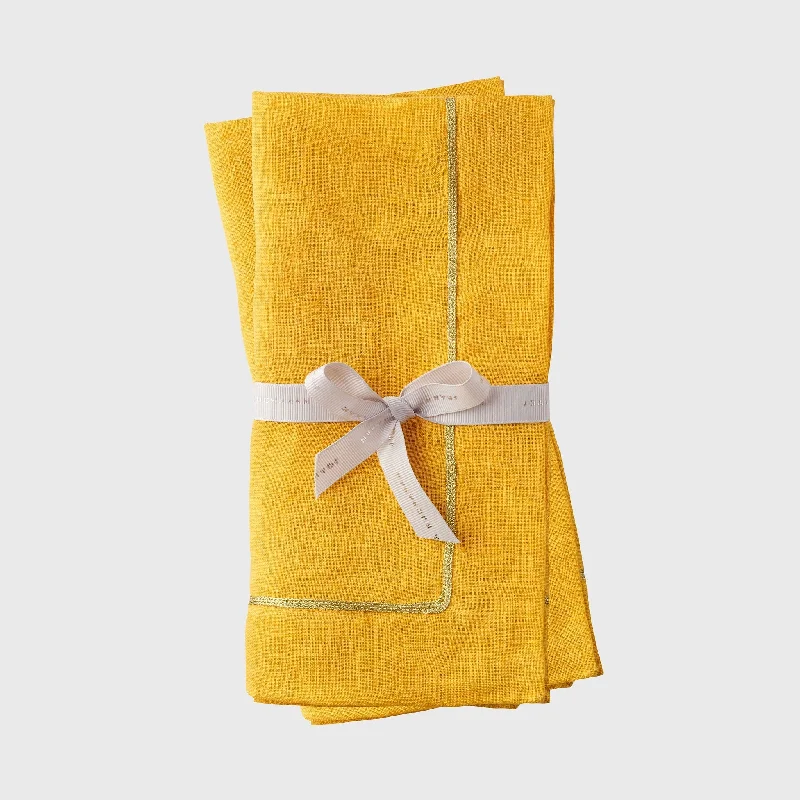 Gold trim dinner napkins, yellow, set of two