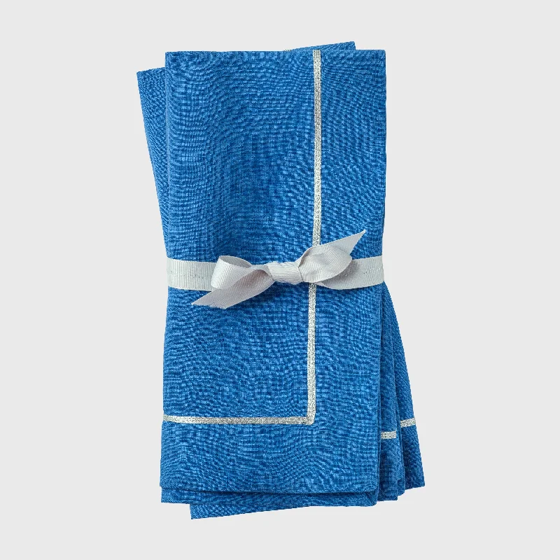 Silver trim dinner napkins, bright blue, set of two