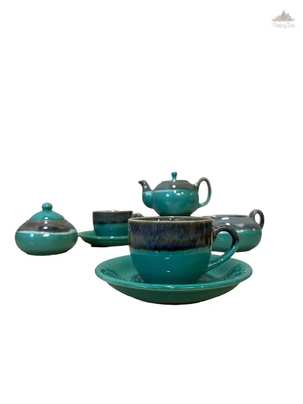 Teal green and Ivory Shaded Tea Set  | Hand Painted |  Set of 7 | Ceramic Pottery | Ideal for serving food items