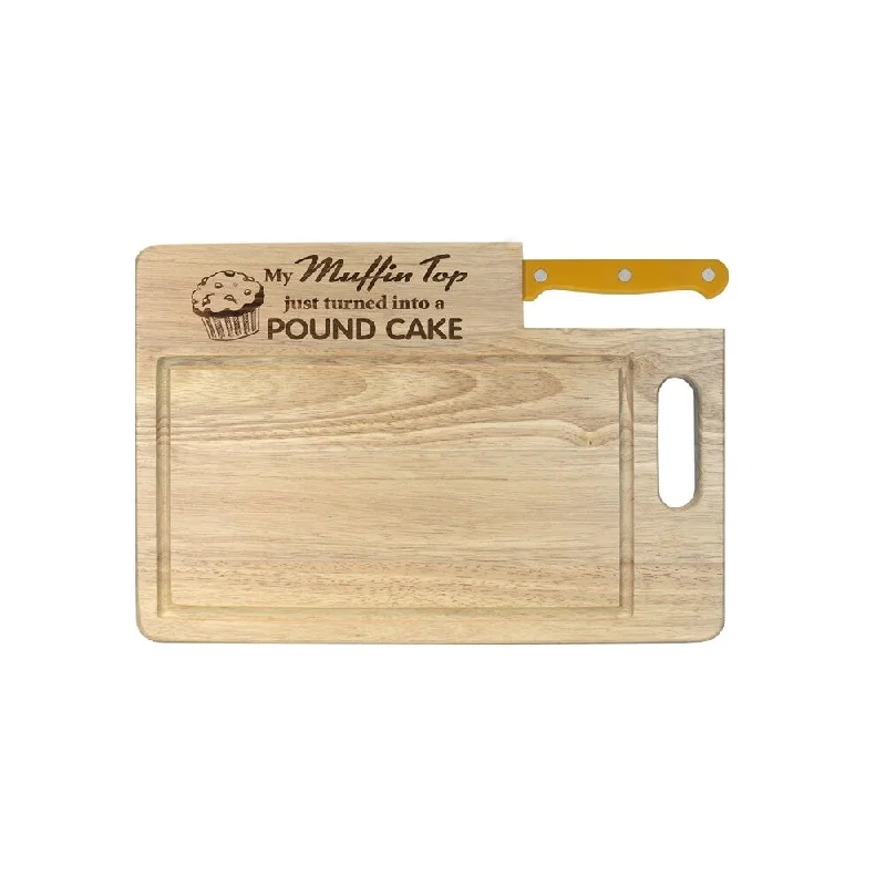 Ginsu Custom Gift Collection "Muffin Top/Pound Cake" Engraved Cutting Board with Yellow Santoku Knife