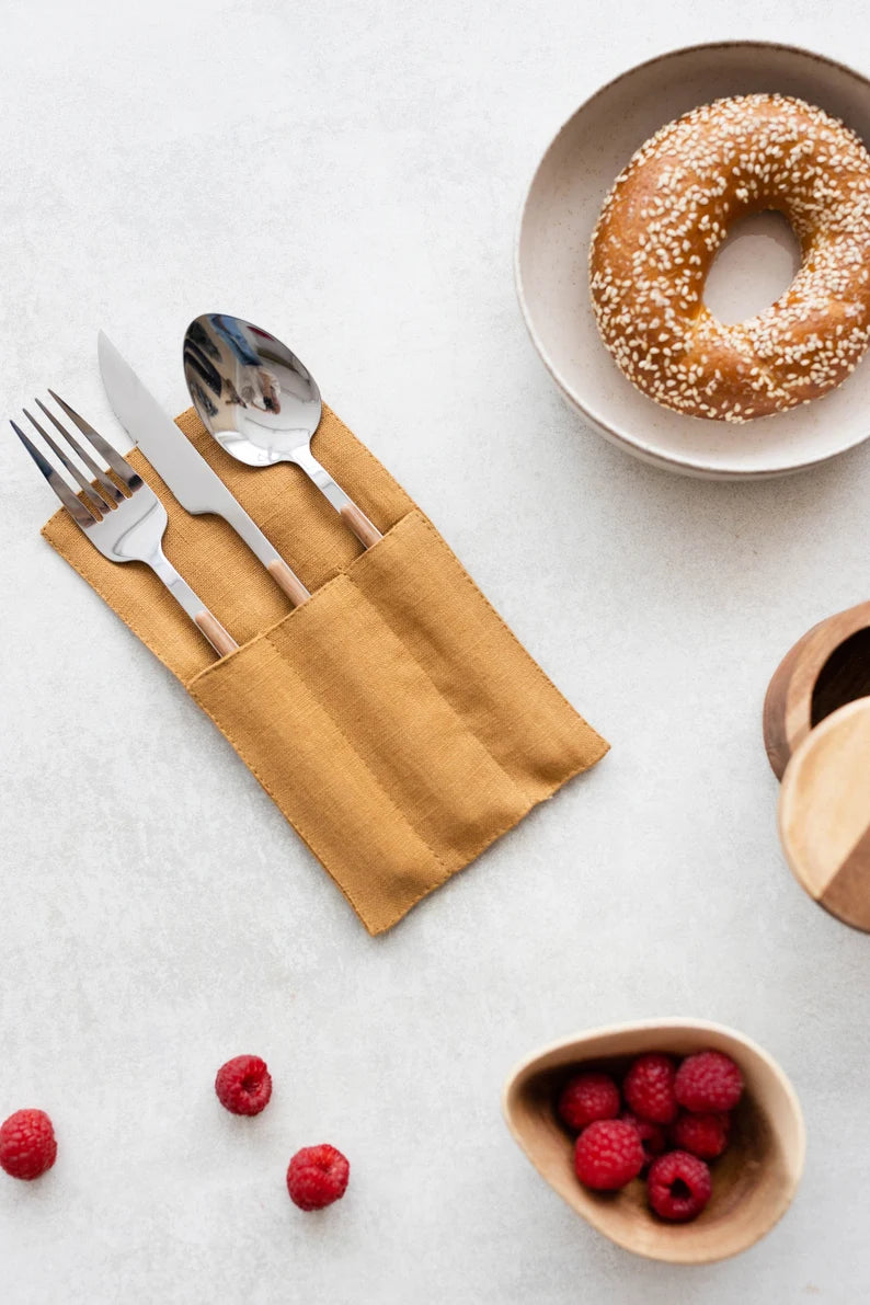 Linen Cutlery Holders Set of 2 In Amber Yellow