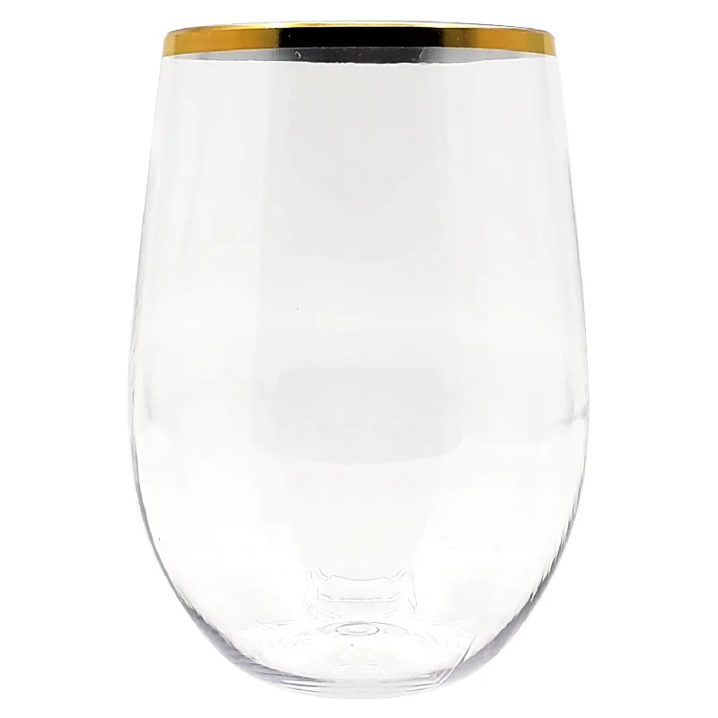 Gold Rim Stemless Plastic Wine Glasses Goblet 16 oz