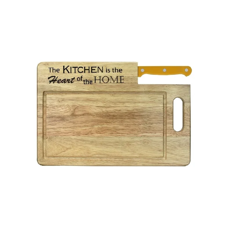 Ginsu Custom Gift Collection "Kitchen is the Heart of the Home" Engraved Cutting Board with Yellow Santoku Knife