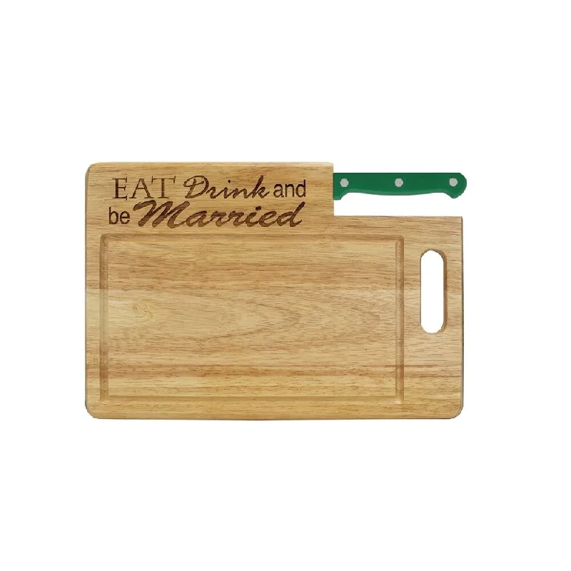 Ginsu Custom Gift Collection "Eat Drink and Be Married" Engraved Cutting Board with Green Santoku Knife