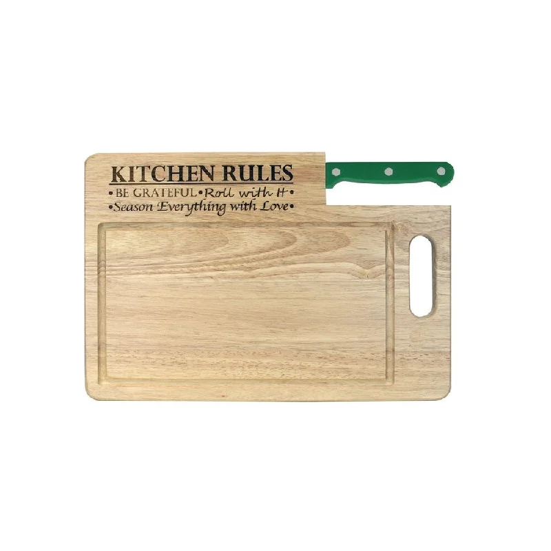 Ginsu Custom Gift Collection "Kitchen Rules" Engraved Cutting Board with Green Santoku Knife