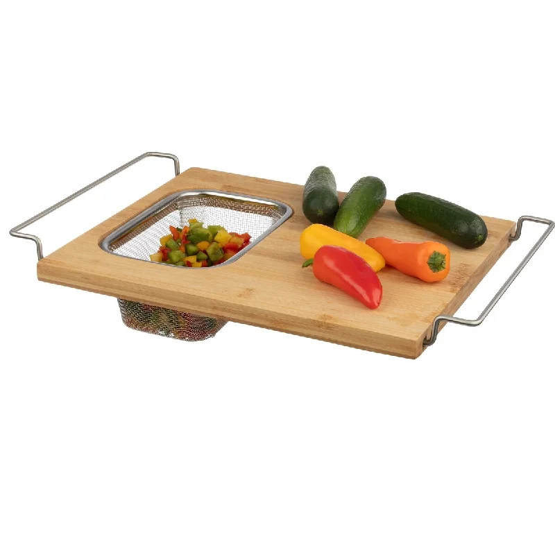 Cutting Board with Strainer - 2 in 1 Adjustable Bamboo Chopping Board with Removable Stainless Steel Colander by Classic Cuisine