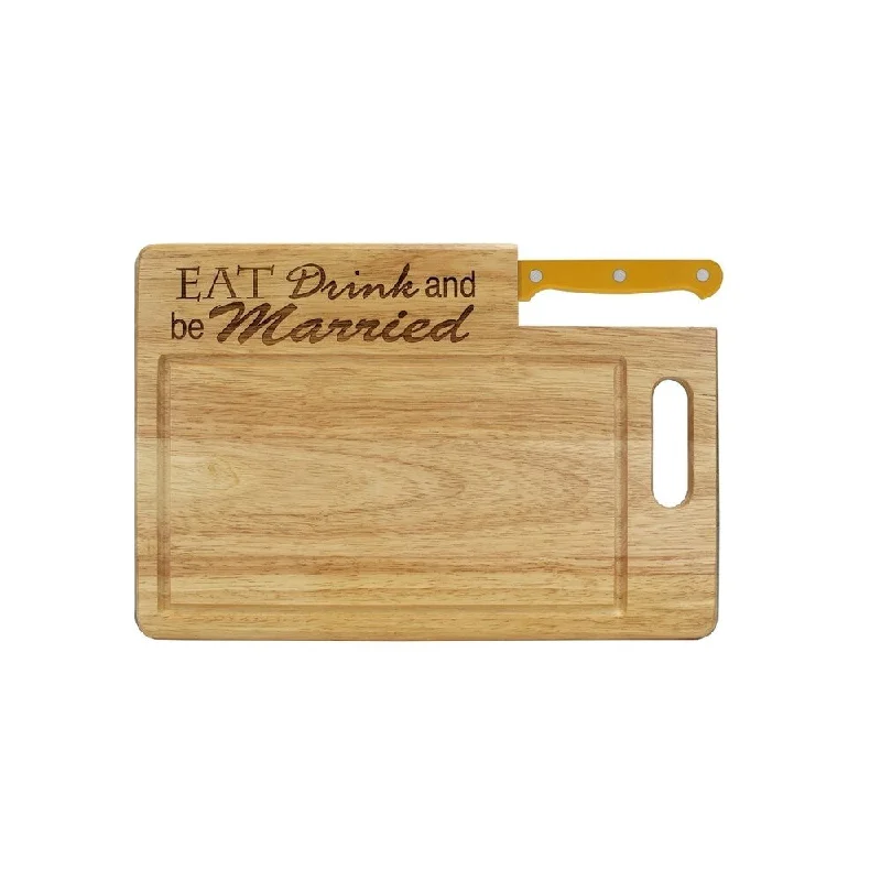 Ginsu Custom Gift Collection "Eat Drink and Be Married" Engraved Cutting Board with Yellow Santoku Knife