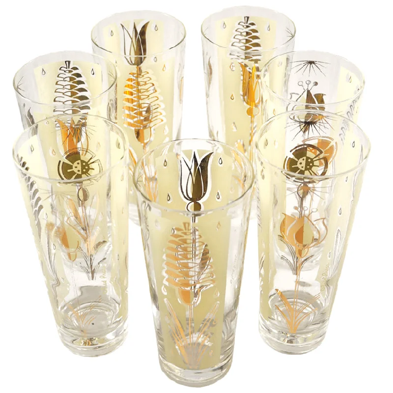 Fred Press Pale Yellow & Gold Floral Tapered Collins Glasses