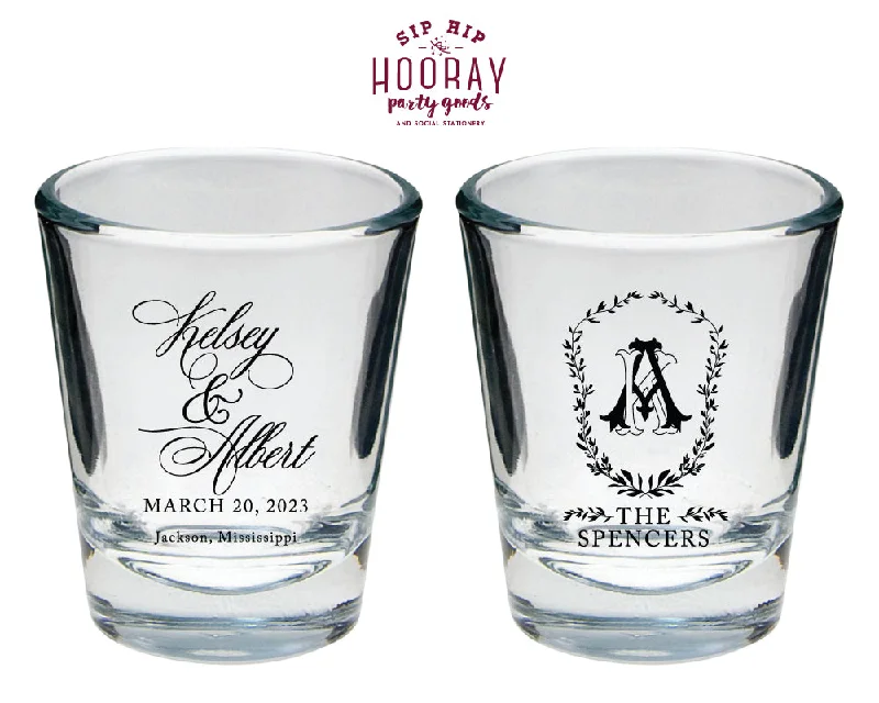 Formal Floral Crest Monogram Wedding Shot Glasses, #3007