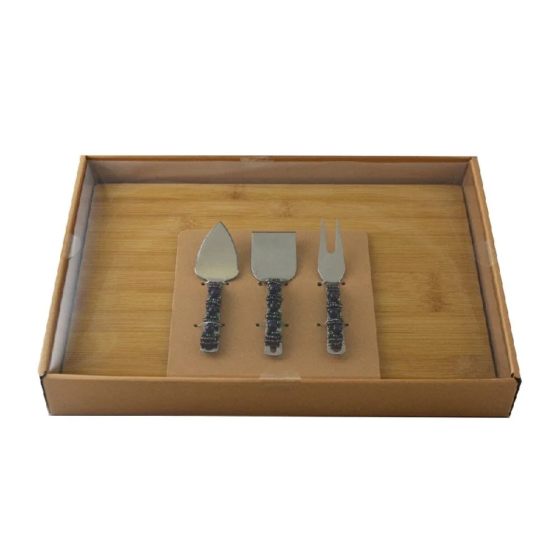 Cheese Board 3-Pc Utensil Set Cheese Knives, Purple Fork Prong & Cutting Board