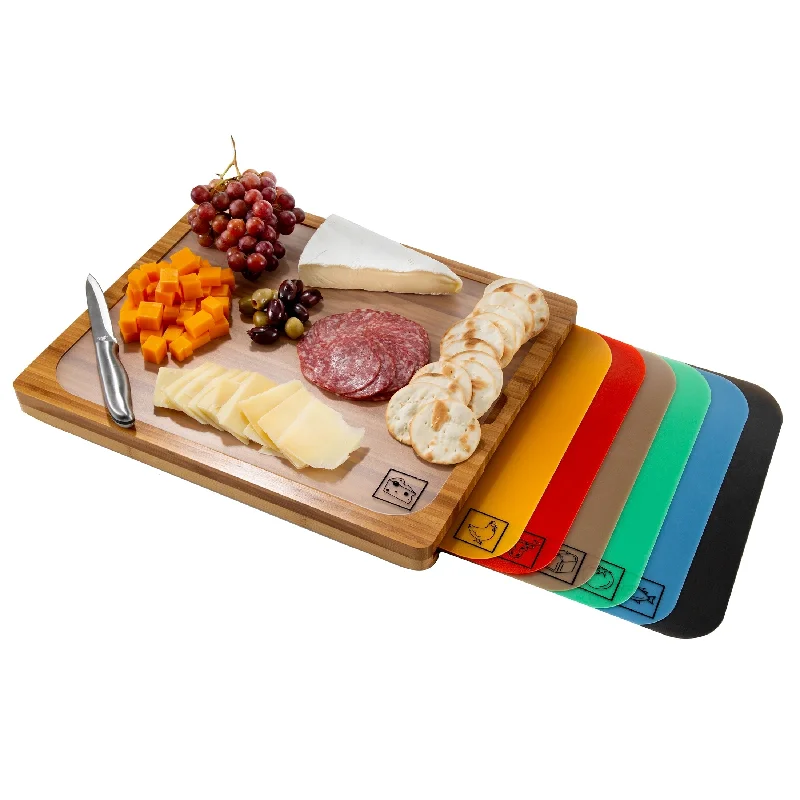 Seville Classics Bamboo Cutting Board and 7 Color-Coded Flexible Cutting Mats