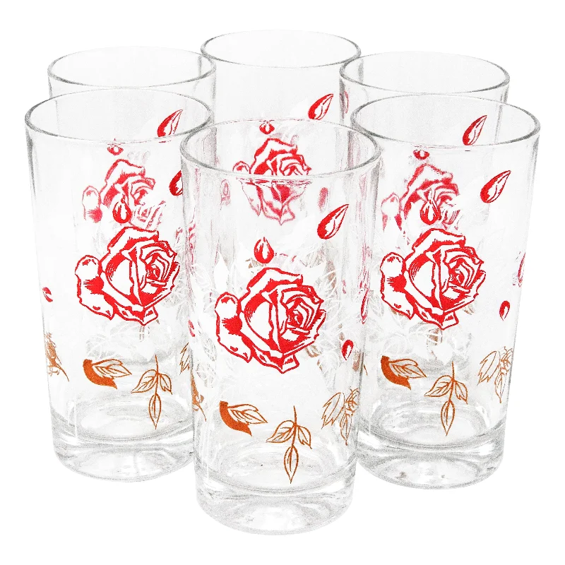 Red Roses & White Leaves Highball Glasses