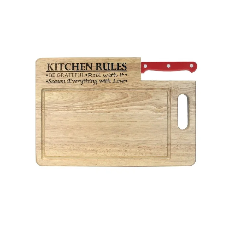 Ginsu Custom Gift Collection "Kitchen Rules" Engraved Cutting Board with Red Santoku Knife