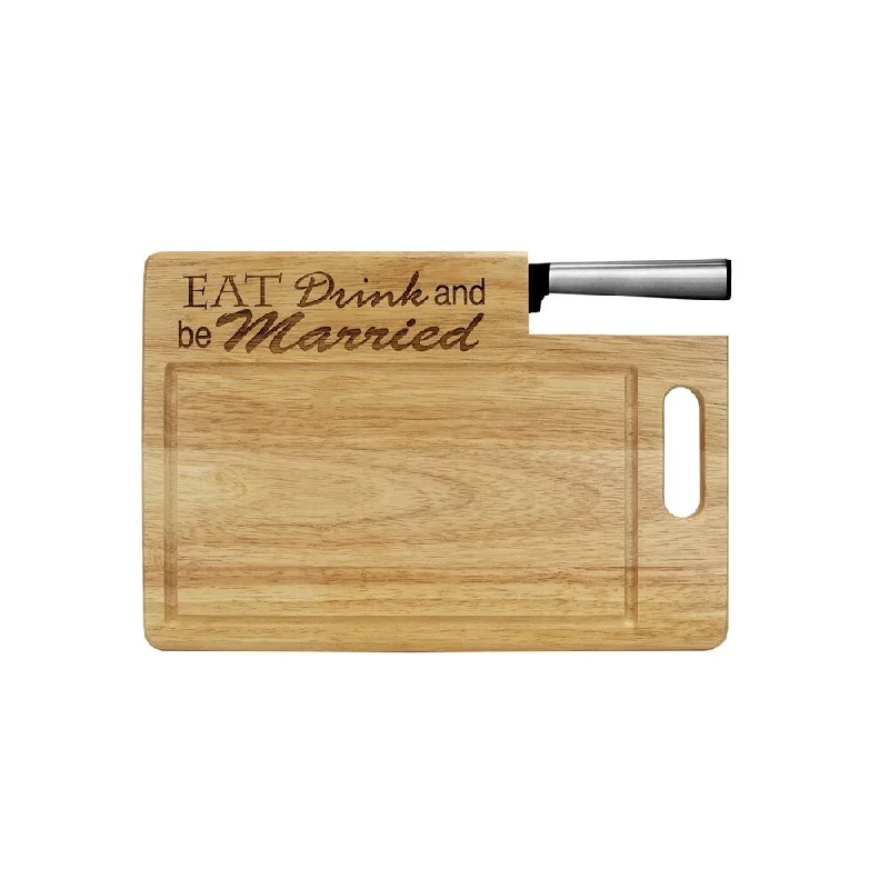 Ginsu Custom Gift Collection "Eat Drink and Be Married" Engraved Cutting Board with Stainless Steel Santoku Knife