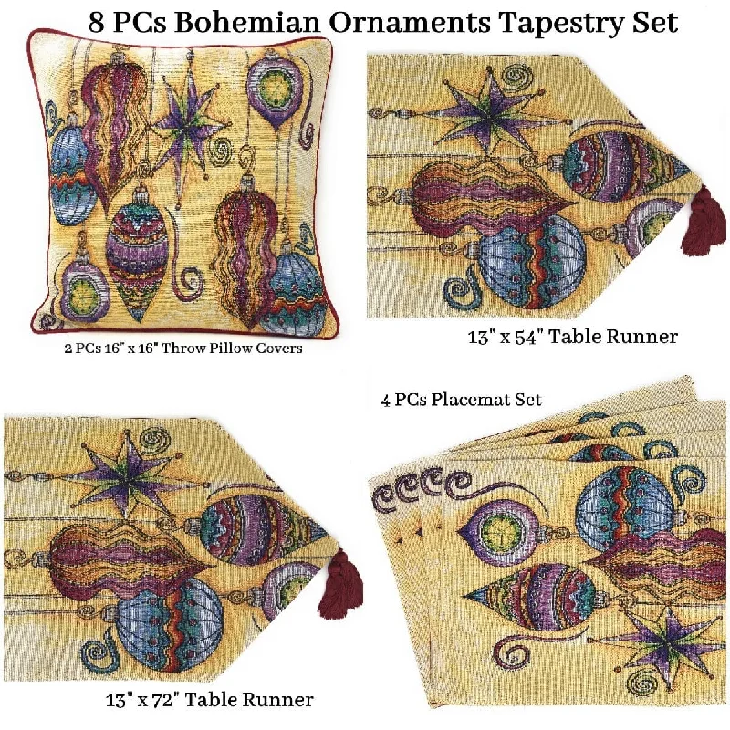 DaDa Bedding Set of 8 Pieces Bohemian Ornaments Table Tapestry - 4 Placemats, 2 Table Runners, 2 Throw Pillow Covers (14916)