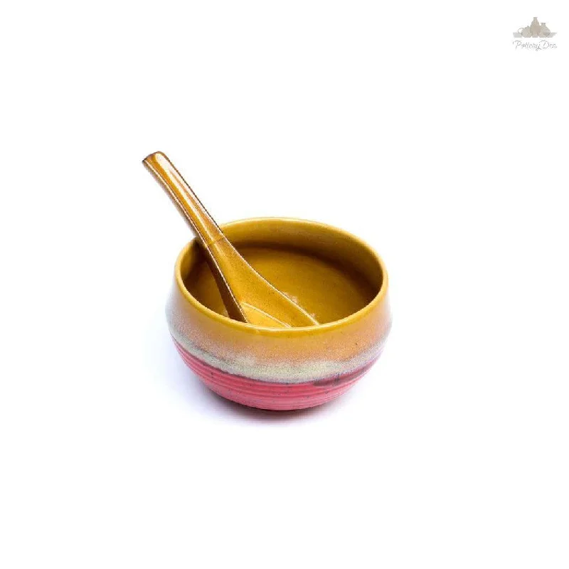 Red & Mustard Soup Bowl With Spoon | Height 6 cm | Diameter 10 cm | Hand Painted |  Set of 1 | Ceramic Pottery | Ideal for soup serving