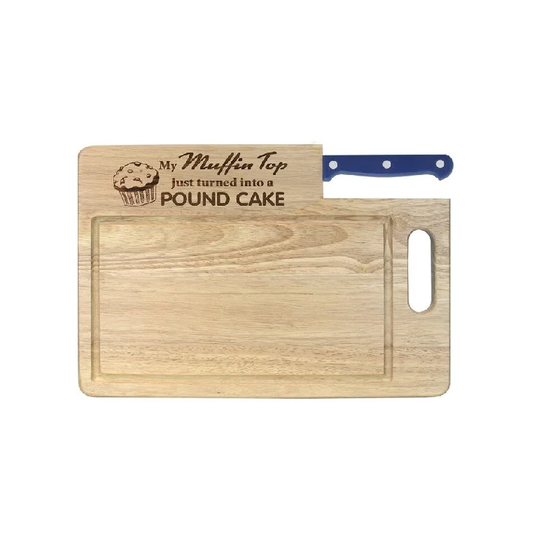 Ginsu Custom Gift Collection "Muffin Top/Pound Cake" Engraved Cutting Board with Blue Santoku Knife