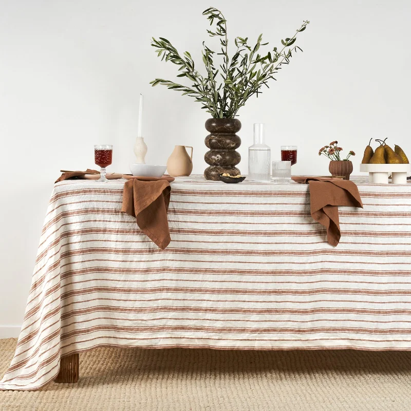 French Flax Linen Table Cloth in Hazelnut Stripe