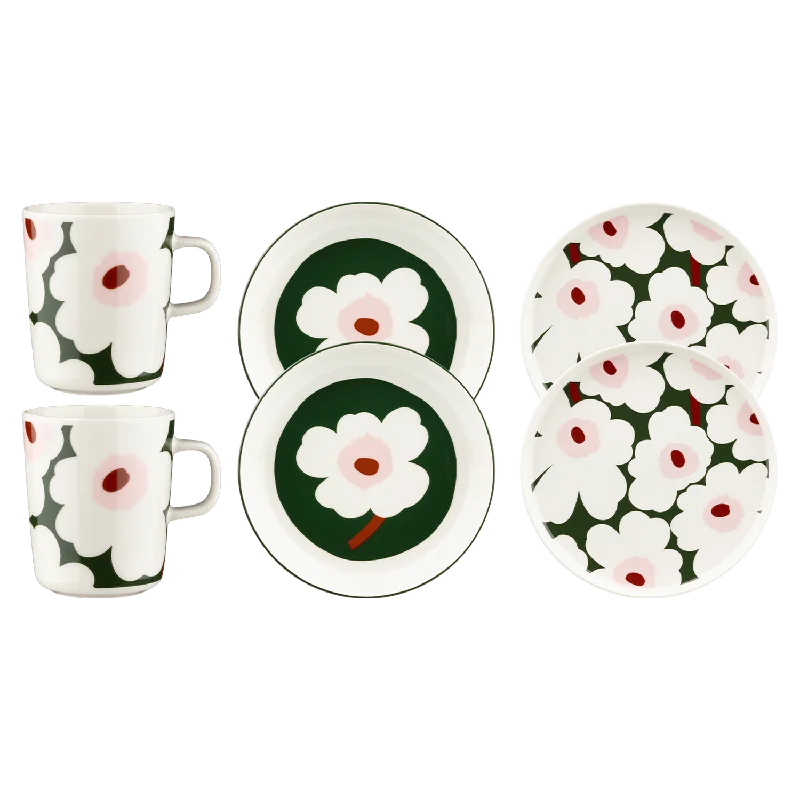 Marimekko Unikko Mug & Plate 6pc Set, white/green/pink