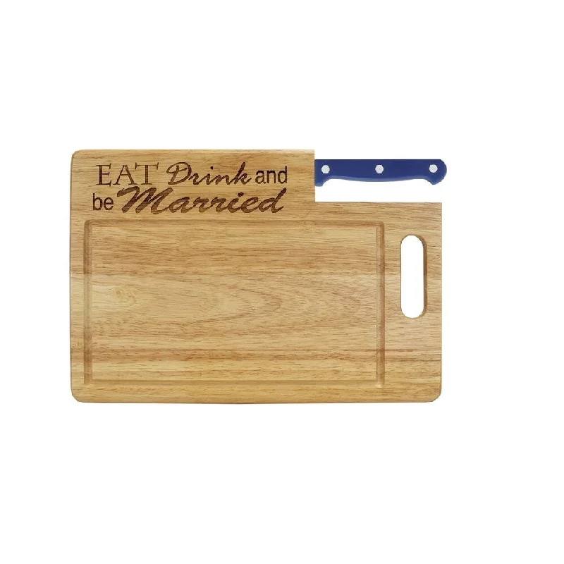 Ginsu Custom Gift Collection "Eat Drink and Be Married" Engraved Cutting Board with Blue Santoku Knife