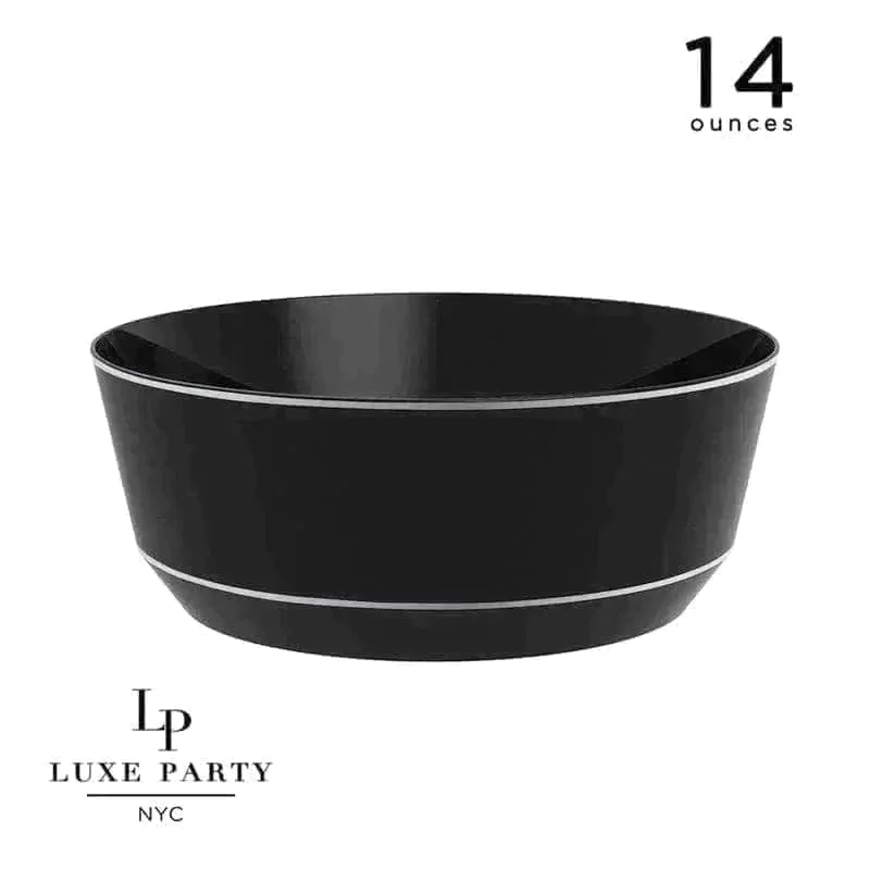 14 Oz. Round Black • Silver Plastic Bowls | 10 Pack