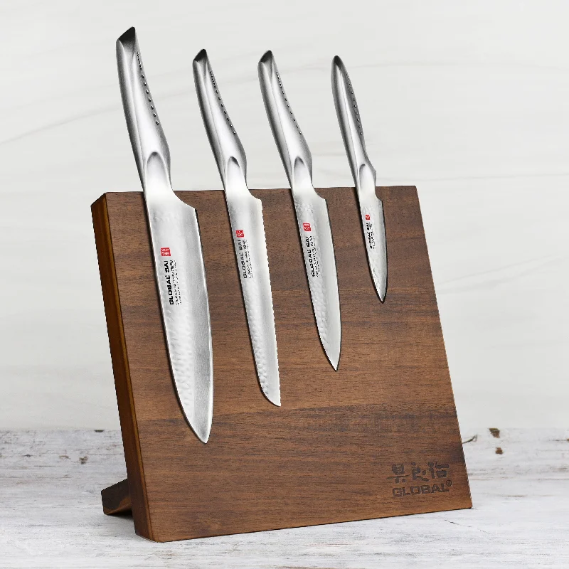 Global Sai 5 Piece Magnetic Easel Knife Set, Acacia Block