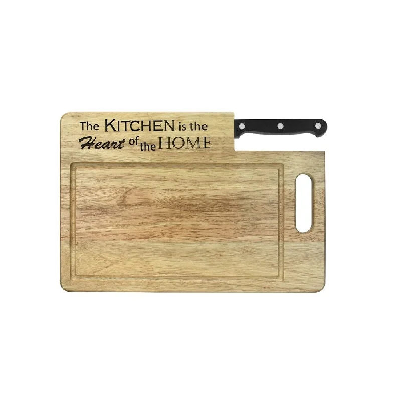 Ginsu Custom Gift Collection "Kitchen is the Heart of the Home" Engraved Cutting Board with Black Santoku Knife